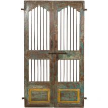Porte coulissante médiévale ancienne en bois massif et en fer pour l'intérieur ou l'extérieur