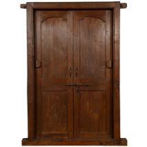 Porte coulissante médiévale ancienne en bois massif et en fer pour l'intérieur ou l'extérieur avec cadre