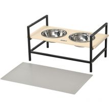 Gamelle double chien porte-gamelles surélevé réglable 2 gamelles acier inox et tapis inclus acier noir aspect bois clair