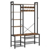 Vasagle - Porte-Manteau, Meuble d'Entrée, avec Porte-Chaussures, 5 Étagères de Rangement, 9 Patères et 6 Crochets Latéraux, 40 x 120 x 190 cm, Marron