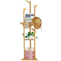 Unho - Porte-Manteau sur Pied en Bambou Meuble d'Entrée Portant pour Vêtements Chapeaux Sacs Rangement avec 9 Crochets pour Salon Chambre