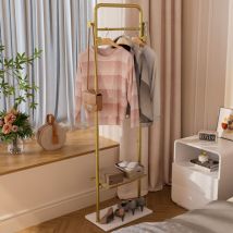 Porte-manteaux Doré sur Pied en Métal avec 2 Etagères 4 Crochets, Penderie Portant pour Vêtements de Base en Granit, Vestiaire pour