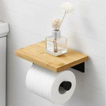 Dolaso - Porte Papier Toilette Adhésif avec Etagère Bambou Porte Rouleau sans perçage en Acier Inoxydable SUS304 Noir Mat