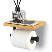 Porte Papier Toilette avec Etagère - Bambou - Porte Rouleau en Acier Inoxydable SUS304 - Support Mural Noir Mat