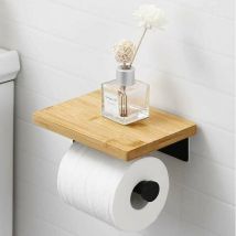 Porte Papier Toilette Noir Adhésif avec Etagère Bambou Porte Rouleau Porte Papier Toilette Mural sans perçage en Acier Inoxydable SUS304,