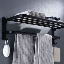 Porte Serviette Salle de Bain Pliable à 90°, Porte Serviettes Murale, Barre Porte-Serviettes sans perçage, Range Serviette à 2 Niveaux avec Etagere,