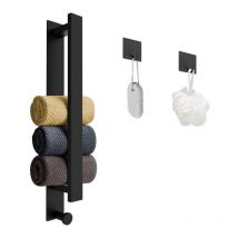 Porte-serviettes de salle de bain, porte-serviettes mural sans perçage, porte-serviettes de salle de bain en acier inoxydable avec 2 crochets, noir