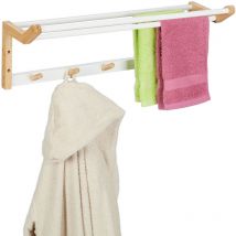 Porte-serviettes mural, HxLxP : 22x60x20 cm, crochets & barres sèche-serviettes, bambou, naturel/blanc - Relaxdays