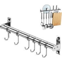 WAY - Porte-ustensiles de cuisine avec 6 crochets - Support mural en acier inoxydable - Pour salle de bain, garage, chambre