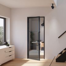 Porte verrière intérieure 83 x 197 cm, bloc porte Loft, verre fumé, style atelier 2 rayures, version gauche