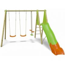 Balançoire en bois poutre métal Techwood optima Trigano 2,30 m avec toboggan