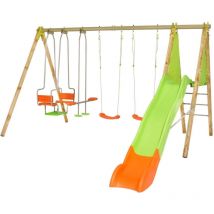 Portique bois et métal - 2,30m - 2 balançoires, 1 face a face, 1 nacelle et 1 toboggan 2,63m - kahuna Trigano