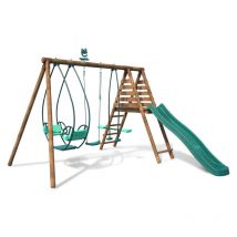Station en bois avec balancelle, balançoire, balançoire face à face, toboggan