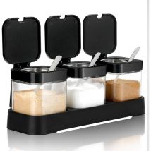 Pot à épices Récipients à épices avec couvercles et cuillères 8 oz Pots à épices en verre transparent Récipient à sel Sucrier Ensemble de 3