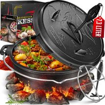Dutch Oven Set bbq, Mijoteuse, Casserole en fonte avec anse pour soulever le couvercle et fente pour le thémomètre, Casserole à griller, Goulash,