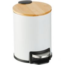 Relaxdays Poubelle de salle de bain, 3 l, couvercle en bambou, seau intérieur amovible, mécanisme de fermeture, blanche