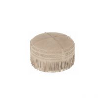 Pouf rond à franges 50x25 cm en cuir et coton gris clair