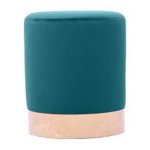 Pouf tondo in velluto celeste con placca dorata