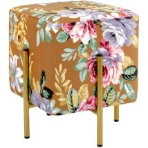 Pouf Poggiapiedi Quadrato In Velluto, Pouf Da Salotto Imbottito, Pouf Panchetto Per Camera Da Letto, Fiori Base Cognac, 33x33x38 Cm - Baroni Home
