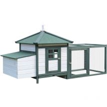 Poulailler cottage multi-équipement perchoir rampe pondoir enclos tiroir à déjection 196L x 76l x 97H cm bois massif pin vert blanc