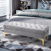 Banc 118x45x42 Cm, Pour Lit Et Entrée, Pieds Surélevés, Tissu Velours Gris Clair - Pour Chambre Et Entrée