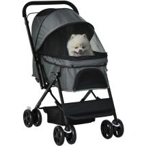 Poussette buggy pliable chien chat panier et sac de rangement attaches sécurité housse réglable poignée réglable acier Oxford gris