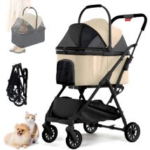 Poussette pour Chien Pliable - Animaux Chariot à 4 Roues avec Structure en acier au carbone, Panier amovible, Panier de Rangement - Kaki