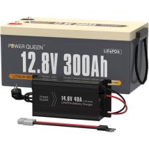Batterie Lithium 12V300Ah 3840Wh Rechargeable LiFePO4+14,6V 40A Chargeur de Batterie au Lithium Power Queen Expédition en Deux Colis)