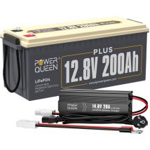 Batterie Lithium 12V200Ah Plus 2560Wh Rechargeable LiFePO4+14,6V 20A Chargeur de Batterie au Lithium Power Queen Expédition en Deux Colis)