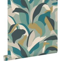 Origin Wallcoverings - papier peint feuilles tropicales bleu canard et bleu canard - ESTAhome