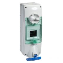 Schneider Electric - Prise socle 63A 2P+T saillie avec inter clapet bleu 200-250V 430x140x190mm avec boitier rail din 4M 6H IP65 PratiKa