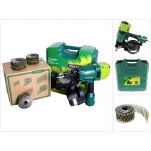 Prebena - 8XR-CNW90 Clavadora de aire comprimido con cargador + Maletín de transporte + CNW25/65BKRI Clavos de bobina - 7200 unidades