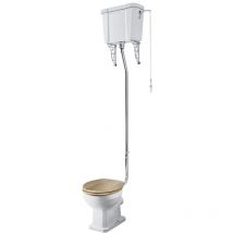 Milano Richmond White Ceramic Close Coupled Bathroom Toilet Pan WC and High Level Cistern with Oak Effect Seat