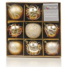 Premier - Shatterproof Mixed 9 Pack of Christmas Baubles - Champagne Gold - Various Designs