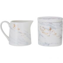 Premier Housewares - Interiors By Premier Sugar Pot & Creamer Duo,Marble Patterned Porcelain Set With Gold-Toned Detail, Compact Creamer & Sugar Jar