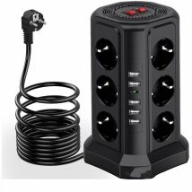 Presa multipla con protezione da sovratensione e sovratensione, Presa multipla con 5 porte usb e 12 prese, Presa multipla con 3 interruttori, Nero