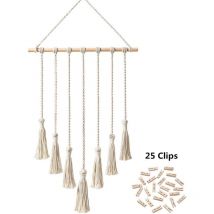 Présentoir à photos suspendu en macramé, organisateur de photos mural, décoration d'intérieur bohème avec 25 pinces en bois, beige