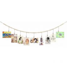Présentoir photo mural avec guirlande de perles en bois, cadre photo collage pour décoration murale bohème, porte-photos avec 9 clips en bois, pour