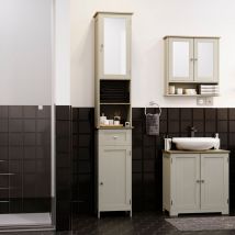 Priano 2 Door Tallboy Freestanding Mirrored Bathroom Cabinet Cupboard, Grey-&-Oak