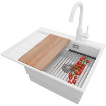 Primagran - Evier Cuisine en Granit 62x50cm, Lavabo + Kit de Vidage + Robinet 32x20cm + Accessoires, Évier à Encastrer au meuble 45cm - Sydney, Blanc