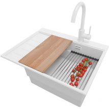 Primagran - Evier Cuisine en Granit Tout 62x50cm, Lavabo + Kit de Vidage + Robinet 32x20cm + Accessoires, Évier à Encastrer au meuble 45cm - Sydney,