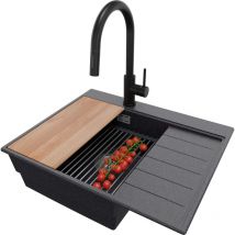 Primagran - Evier Cuisine en Granit 62x50cm, Lavabo + Kit de Vidage + Robinet 40x22cm + Accessoires, Évier à Encastrer au meuble 45cm - Sydney,