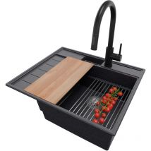 Primagran - Evier Cuisine en Granit 62x53cm, Lavabo + Kit de Vidage + Robinet 40x22cm + Accessoires, Évier à Encastrer au meuble 45cm - Sydney
