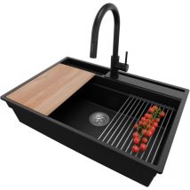 Primagran - Evier Cuisine en Granit 78x53cm, Lavabo + Kit de Vidage + Robinet 40x22cm + Accessoires, Évier au meuble 80cm - Oslo Pocket, Noir