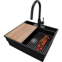 Primagran - Evier Cuisine en Granit 58x53cm, Lavabo + Kit de Vidage + Robinet 40x22cm + Accessoires, Évier à Encastrer au meuble 60cm - New York,