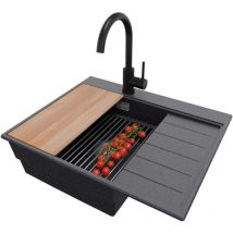 Primagran - Evier Cuisine en Granit 62x50cm, Lavabo + Kit de Vidage + Robinet 32x20cm + Accessoires, Évier à Encastrer au meuble 45cm - Sydney,