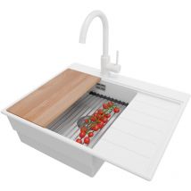 Primagran - Evier Cuisine en Granit 62x50cm, Lavabo + Kit de Vidage + Robinet 32x20cm + Accessoires, Évier à Encastrer au meuble 45cm - Sydney, Blanc