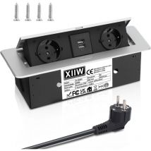 Xiiw - Prise encastrable pour table, multiprise escamotable avec 2 prises usb 2A et 2 prises, FlipTop, 3500W, câble de 1,8m, argent.
