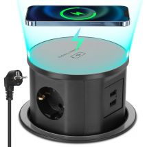 Xiiw - Prise escamotable avec 2 ports usb-a, bande de prises encastrable à 3 prises avec chargement sans fil usb-a, prise encastrable escamotable
