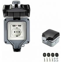 Ulisem Prise murale d'extérieur double avec port USB, étanche et résistante, équipée d'une boîte murale simple pour une utilisation en extérieur.
